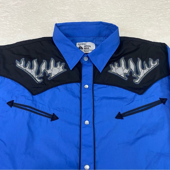 Vintage MWG Johnny West Western Men Shirts Blue Black Size Large LS Pearl Snap - Picture 3 of 11